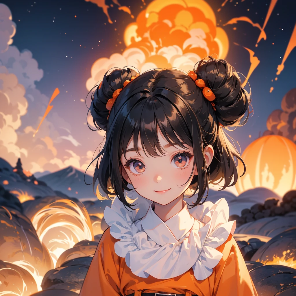 A chibi  girl had a small face and wearing a white little tourist priest’s outfit, a pair of big round eyes shone with curiosity about him. This childso cute, her hair is black with buns on her hair. Small chibi , chibi baby, smil, chibi. 

Background is a volcano, lava erupting orange