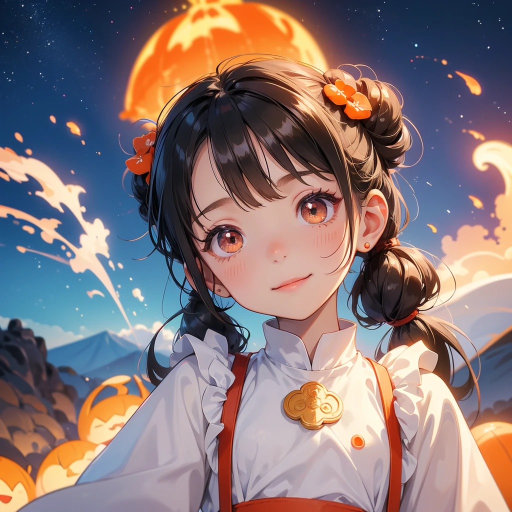 A chibi child girl had a small face and wearing a white little tourist priest’s outfit, a pair of big round eyes shone with curiosity about him. This child was so cute, her hair is black with buns on her hair. Small chibi , chibi baby, smiling , chibi. 

Background is a volcano, lava erupting orange