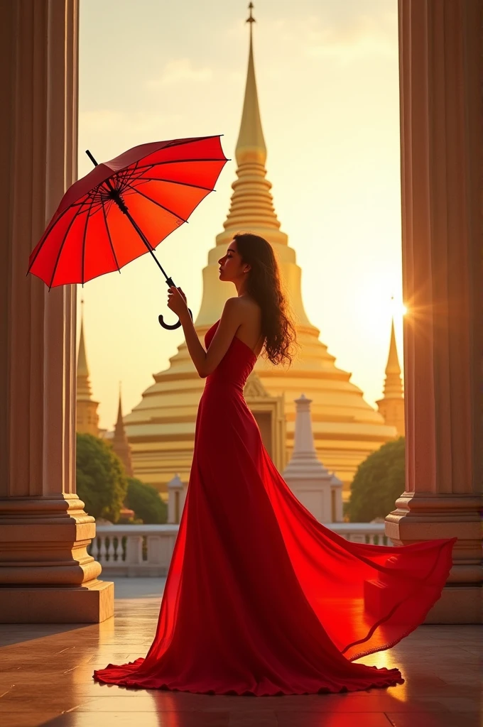 Woman red dress, open unbralla on shwedagon pagoda under sunshine