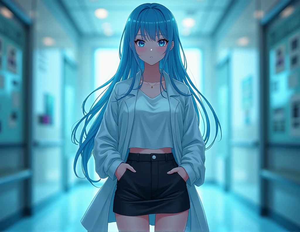work of art, best qualityer, high qualiy, high resolution, 1 girl, standing alone, aqua (Konosuba), hair blue, long hair, blue colored eyes, white shirt ,half open long lab coat, short black office skirt, thicc thighs, whole body, standing, hands in pockets, bored, Depth of field, Laboratory,
