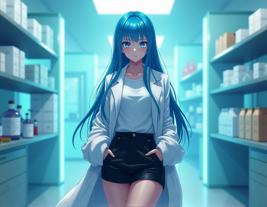 work of art, best qualityer, high qualiy, high resolution, 1 girl, standing alone, aqua (Konosuba), hair blue, long hair, blue colored eyes, white shirt ,half open long lab coat, short black office skirt, thicc thighs, whole body, standing, hands in pockets, bored, Depth of field, Laboratory,