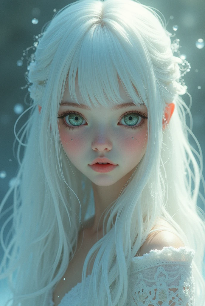 beautiful girl. white and flawless skin. White hair, long and semi-wavy. bicolor eyes, one gray and one green. surreal art