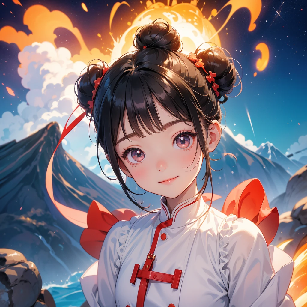 A chibi child girl had a small face and wearing a white little tourist priest’s outfit, a pair of big round eyes shone with curiosity about him. This child was so cute, her hair is black with buns on her hair. Small chibi , chibi baby, smiling , chibi.
Background is a volcano, lava erupting red