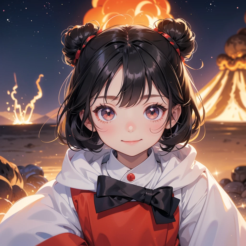 A chibi child girl had a small face and wearing a white little tourist priest’s outfit, a pair of big round eyes shone with curiosity about him. This child was so cute, her hair is black with buns on her hair. Small chibi , chibi baby, smiling , chibi. 

Background is a volcano, lava erupting red