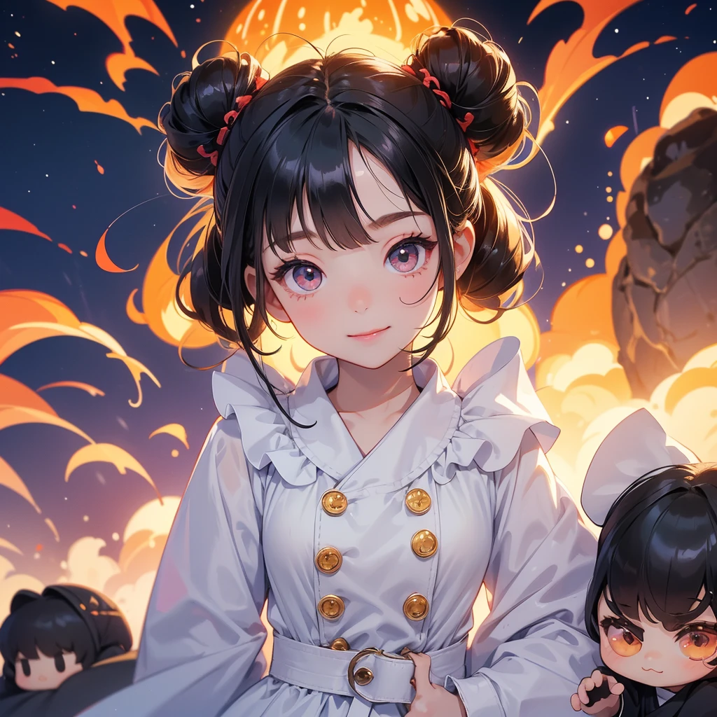 A chibi child girl had a small face and wearing a white little tourist priest’s outfit, a pair of big round eyes shone with curiosity about him. This child was so cute, her hair is black with buns on her hair. Small chibi , chibi baby, smiling , chibi.
Background is a volcano, lava erupting red