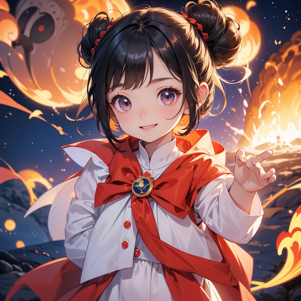 A chibi girl had a small face and wearing a white little tourist priest’s outfit, a pair of big round eyes shone with curiosity about him. This childso cute, her hair is black with buns on her hair. Small chibi , chibi baby, smil, chibi.
Background is a volcano, lava erupting red