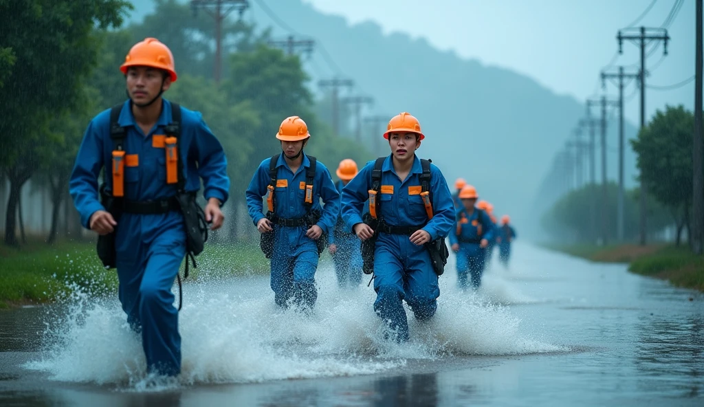 Running in the flood,Maintaining the power grid,Running in neat queue,Power grid repair,Wide-angle lens,Rural China,rainstorm,hurricane,Chaotic scenes,Blue overalls with orange embellishment,helmet,Capturing facial expressions,Flood fighting,Strong composition,City flooding,Challenge nature,中国联通工作人员rainstorm中奔跑,Magnificent picture,Ruthless Wind,Heavy rain,Tense atmosphere,Motion capture,High contrast,Side Light,Fast shutter speed,Chaos and Order,Blue tint,Splashing water,Strength and unity。
