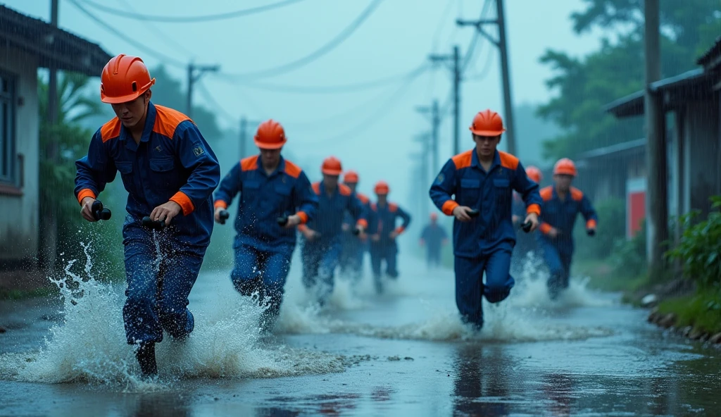 Running in the flood,Maintaining the power grid,Running in neat queue,Power grid repair,Wide-angle lens,Rural China,rainstorm,hurricane,Chaotic scenes,Blue overalls with orange embellishment,helmet,Capturing facial expressions,Flood fighting,Strong composition,City flooding,Challenge nature,中国联通工作人员rainstorm中奔跑,Magnificent picture,Ruthless Wind,Heavy rain,Tense atmosphere,Motion capture,High contrast,Side Light,Fast shutter speed,Chaos and Order,Blue tint,Splashing water,Strength and unity。