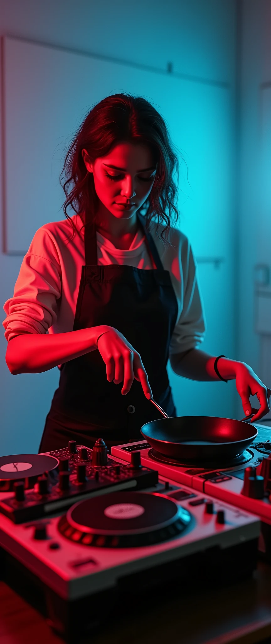 a female DJ performing cooking gestures with a frying pan on a stove, detailed face, hyperrealistic, 8K, highly detailed, vivid colors, dramatic lighting, experimental electronic music style, chiaroscuro, cinematic