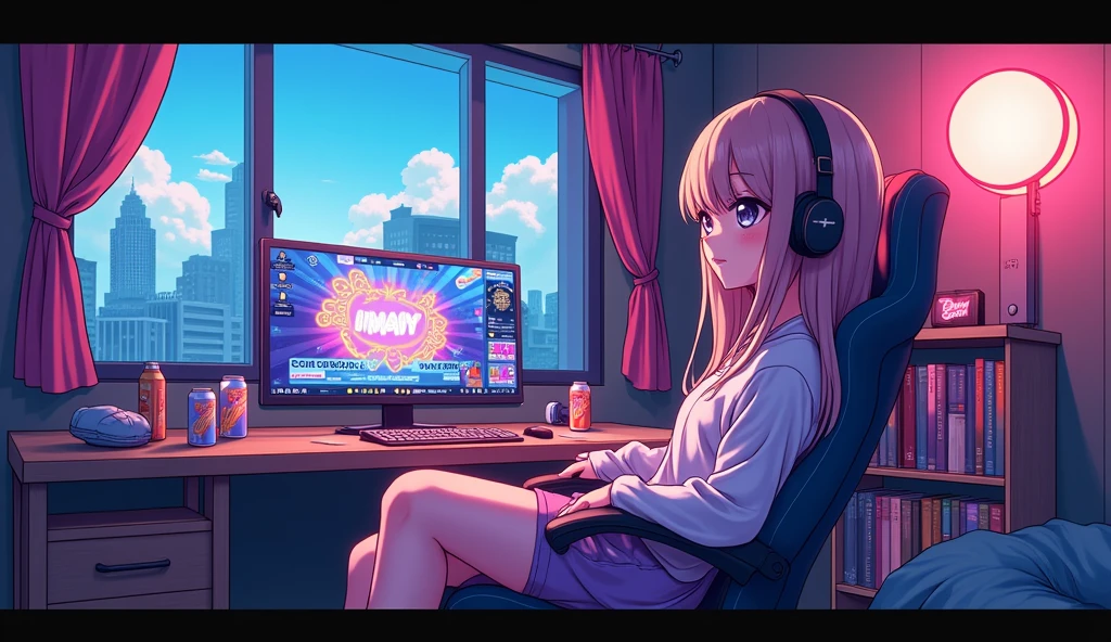Perfect image, 8k, Energy Drinks、Sit in a gaming chair、Private room、A high school girl playing a rhythm game on a PC、cute、long hair、 Loungewear、Using headphones,、looks fun、City view outside the window、2D-style animation, Lo-Fi、Retro、Anime style illustrations