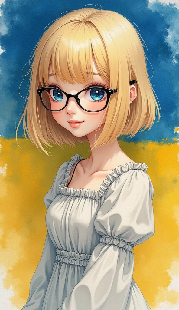 (Domenico Ghirlandaio Style Watercolor: 1.3), {1 gal, leaning forward: 1.8}, blond hair, glasses, bob hair, looking at viewer, cute smile, anime eyes, (white long gothic dress: 1.5, cowboy shot: 1.5), Rembrandt Lighting: 1.3, leaning forward: 1.4, (masterpiece, best quality, ultra detailed, beautiful and aesthetic, extremely detailed CG unity, 8k), Ukrainian flag background,