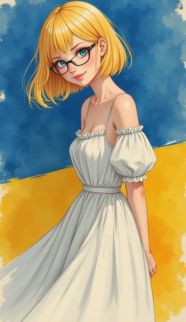 (Domenico Ghirlandaio Style Watercolor: 1.3), {1 gal, leaning forward: 1.8}, blond hair, glasses, bob hair, looking at viewer, cute smile, anime eyes, (white long gothic dress: 1.5, cowboy shot: 1.5), Rembrandt Lighting: 1.3, leaning forward: 1.4, (masterpiece, best quality, ultra detailed, beautiful and aesthetic, extremely detailed CG unity, 8k), Ukrainian flag background,
