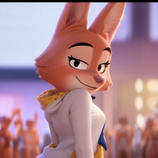 Full body beautiful and detailed smug diane foxington, smug vibe, gender female, sexy pose, the bad guys artstyle, party backround, purple blue backround, , t shirt, cinematic light,