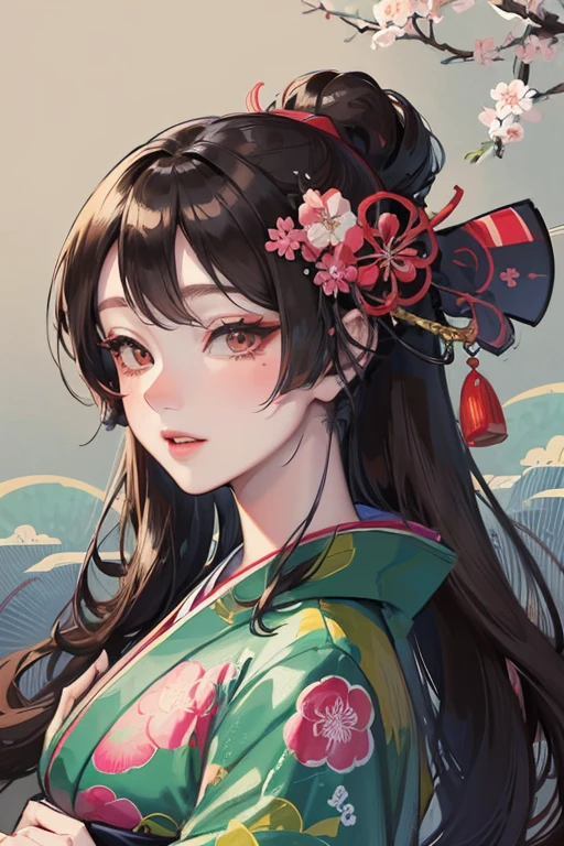 A beautiful woman in a kimono shows her white teeth、Vividly colored Japanese Ukiyo-e style illustrations、SeaArt creates stunning illustrations of beautiful women in kimono、Brown-black long hair、Full Body Style、Beautiful digital illustrations,、Beautiful digital painting, Anime CG art, Detailed digital anime art, Beautiful anime portraits