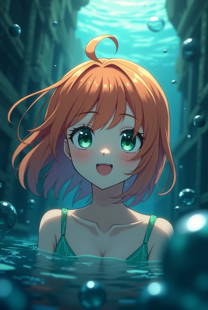 Wallpaper,masterpiece,High resolution,8K, anime 
(Misty_Pokemon)(1 18-year-old girl)
(Orange Hair,one side up hair,Big green eyes,Small breasts,Skinny, beautiful smile) cute girl, siren, kiss
I can feel the spirit in my eyes. ((Amazingly absurd)), Attention to detail, high quality, A sunken ruin, water、Surrounded by bubbles、A world of deep blue、Overall, a work in deep blue tones