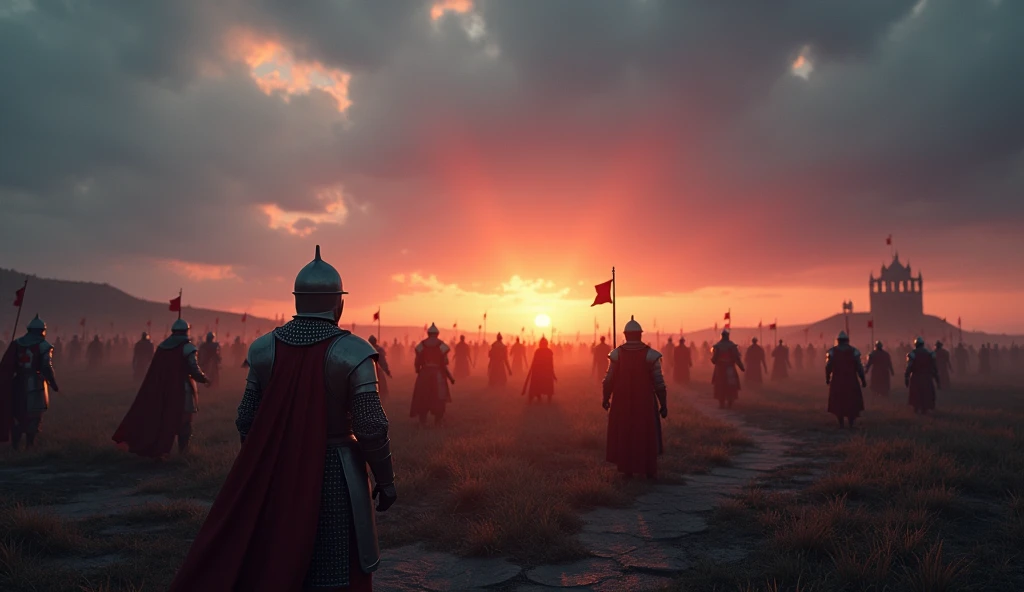 A highly realistic, high-contrast, 8K HD, detailed, hyper-detailed image of a medieval European battlefield at dawn, with Crusaders present but the focus is on the sky. The first light of the rising sun begins to break over the horizon, casting warm hues of orange and pink across the sky, transitioning from the deep blues of the night. The Crusaders, clad in steel armor with red crosses on their tunics, stand scattered across the desolate battlefield, their forms silhouetted against the emerging light. The scene captures the peaceful yet powerful moment of dawn as the sun begins to rise, signaling a new day amidst the remnants of battle. The image is of the highest quality, with ultra-high resolution, RAW photo quality, and Unreal Engine rendering, emphasizing the serene and majestic beauty of the early morning sky over a historic and solemn landscape.