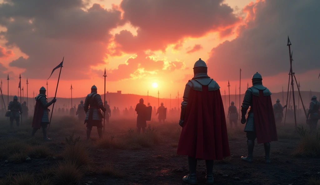 A highly realistic, high-contrast, 8K HD, detailed, hyper-detailed image of a medieval European battlefield at dawn, with Crusaders present but the focus is on the sky. The first light of the rising sun begins to break over the horizon, casting warm hues of orange and pink across the sky, transitioning from the deep blues of the night. The Crusaders, clad in steel armor with red crosses on their tunics, stand scattered across the desolate battlefield, their forms silhouetted against the emerging light. The scene captures the peaceful yet powerful moment of dawn as the sun begins to rise, signaling a new day amidst the remnants of battle. The image is of the highest quality, with ultra-high resolution, RAW photo quality, and Unreal Engine rendering, emphasizing the serene and majestic beauty of the early morning sky over a historic and solemn landscape.