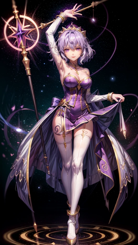 A beautiful mid 20s woman with a slender anime build, light lavender hair in a loose cascade, (inner thigh tattoo symbols:1.37), standing in a contrapposto stance with a light smile, wearing a purple wrap dress, front of skirt is hiked up, white lace stockings, high-heeled purple boots, and a heavy bust, holding a magic staff above her head, spell casting pose with armpits showing, set against a starry void background, (pink glowing magic symbol circles:1.27), a swirl of energy around her feet, with extremely detailed facial features, hands, eyes, and intricate background details, rendered in 16k resolution with best quality and masterpiece style, under moody lighting