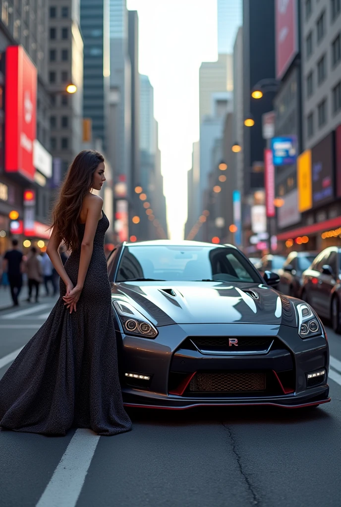 Gtr in middle of the city walk beutiful girl wear beautiful dress in side of road
Not a front of car