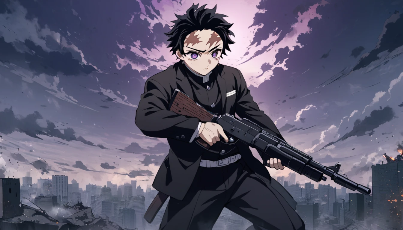 1Male Black Hair, violet eyes, scar on face, Black Suit, holding a gun, Kimetsu No Yaiba style, Male, man Destroyed city background with covered in clouds,illustration