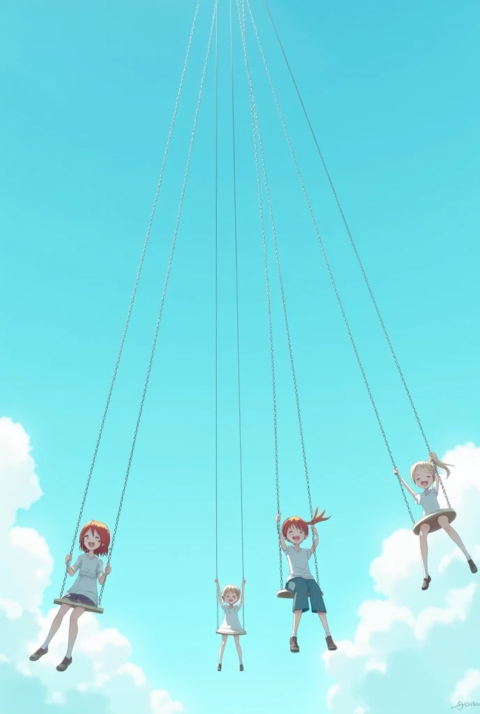 Swinging high into the sky, long chains of swings, blue sky,