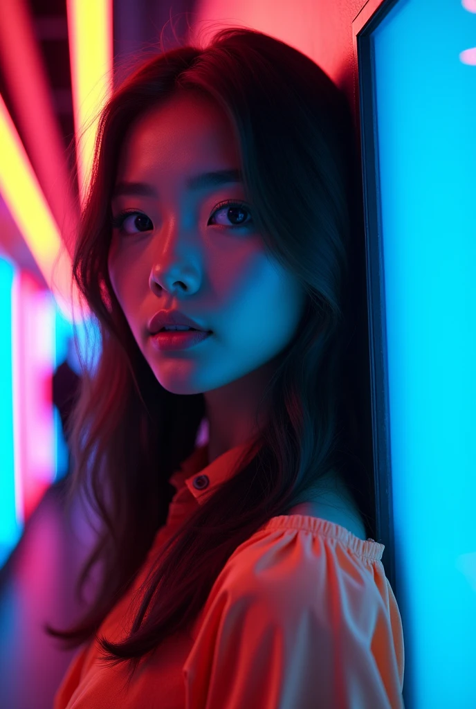 1 fluorescent girl, Look to the side, Pretty Face, beautiful eyes, (Shoulder: 1.2), Upper Body, Shiny hair,dramatic_shadow, Light_track, reflection, Ultra-high resolution, laser