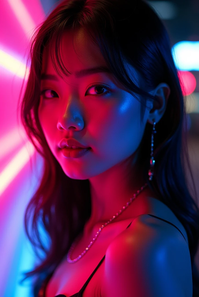1 fluorescent girl, Look to the side, Pretty Face, beautiful eyes, (Shoulder: 1.2), Upper Body, Shiny hair,dramatic_shadow, Light_track, reflection, Ultra-high resolution, laser