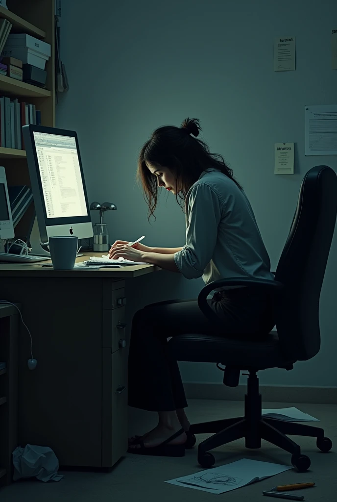 A woman sits at a computer tired, sad everyone surrounded her