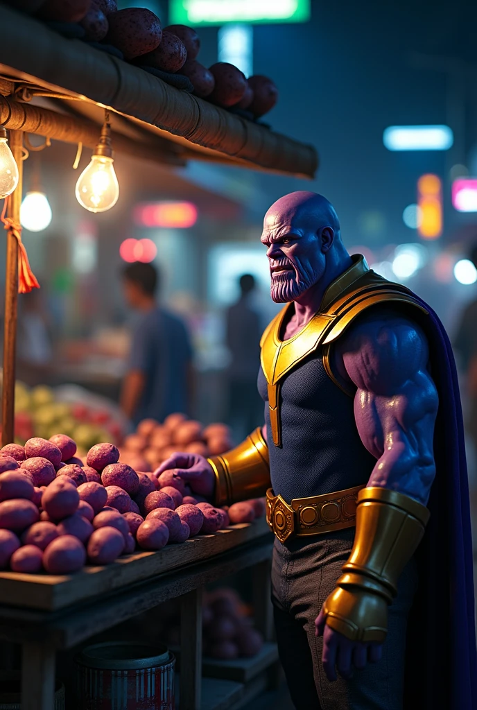 Thanos works in a traditional Indonesian market at night, standing behind a stall filled with fresh purple sweet potatoes. He looks dashing in his iconic costume, his cape flowing slightly as he enthusiastically engages with customers, selling his produce. The market is bustling with activity, illuminated by cinematic lighting that casts deep blue and grey shadows, adding a moody atmosphere. The scene is captured with high realism and detail, showcasing the intricate textures of both Batman's suit and the market environment. The image is rendered in ultra-high-definition, 16k resolution, highlighting every aspect with sharp clarity and depth.