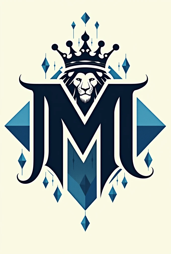 Typografi font written "MM" bold,artistic,with a blue diamonds beside it,with a crown on top of it,,lion head figure on the middle