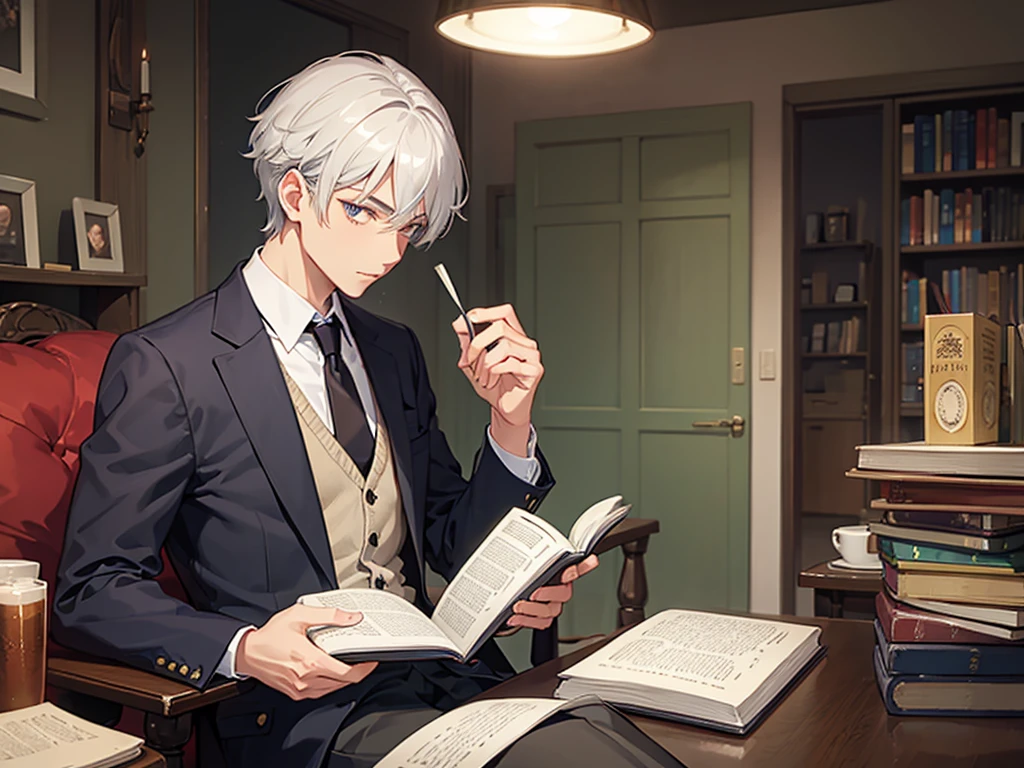 A man with short silver hair and slanted eyes is reading a book alone