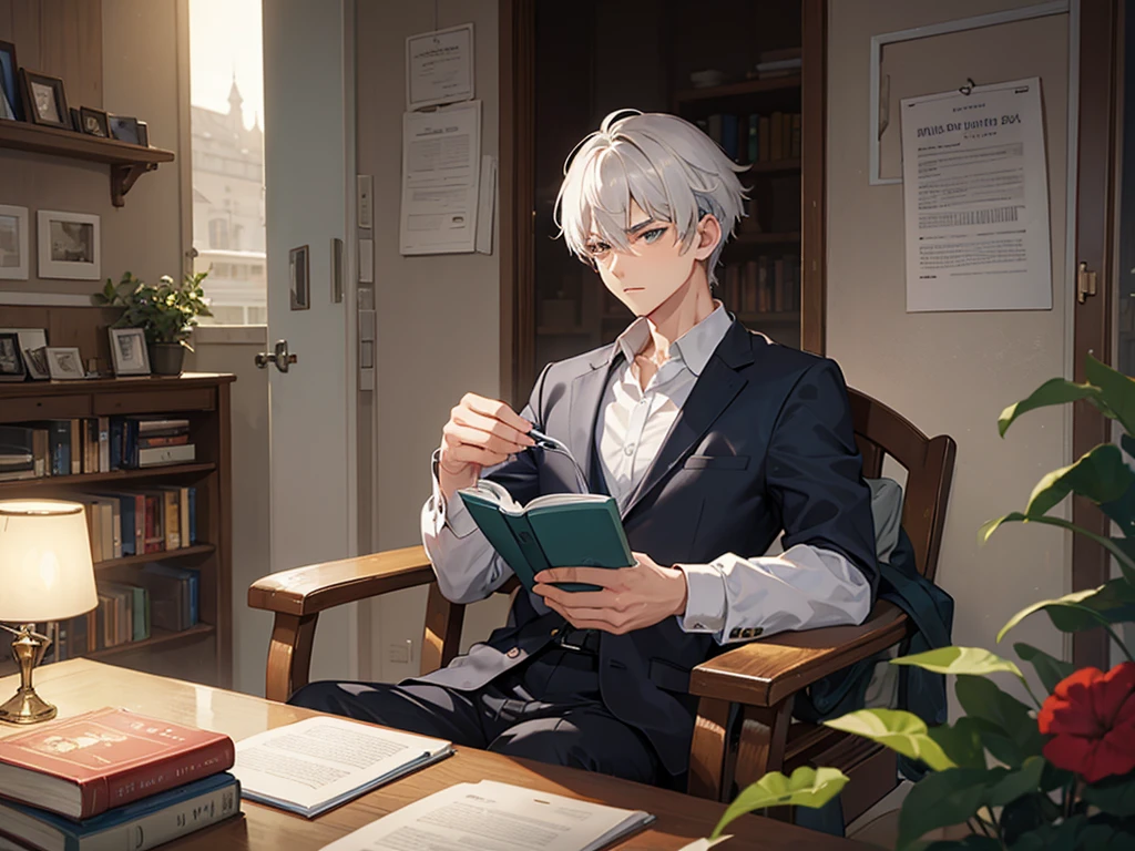 A man with short silver hair and slanted eyes is reading a book alone
