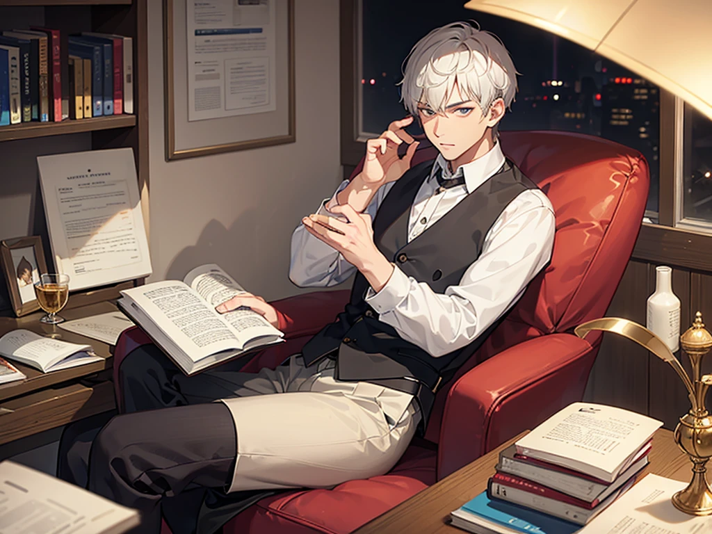 A man with short silver hair and slanted eyes is reading a book alone