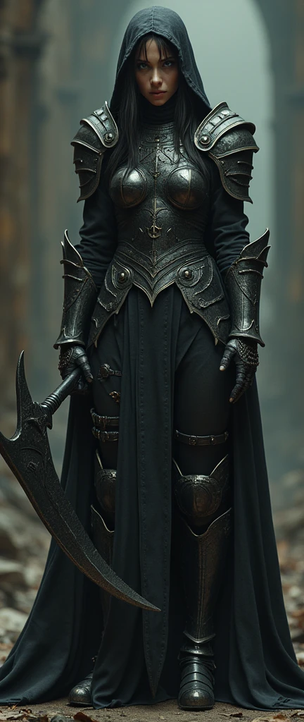 a female warrior in slim medieval armor, massive edgy hardcore halberd, aggressive assertive brave tall badass posture, grunge gritty edgy dirty medieval style, dark emo goth reaper atmosphere, (best quality,4k,8k,highres,masterpiece:1.2),ultra-detailed,(realistic,photorealistic,photo-realistic:1.37),dark muted colors,dramatic chiaroscuro lighting,dramatic angle,detailed face and eyes,detailed armor textures