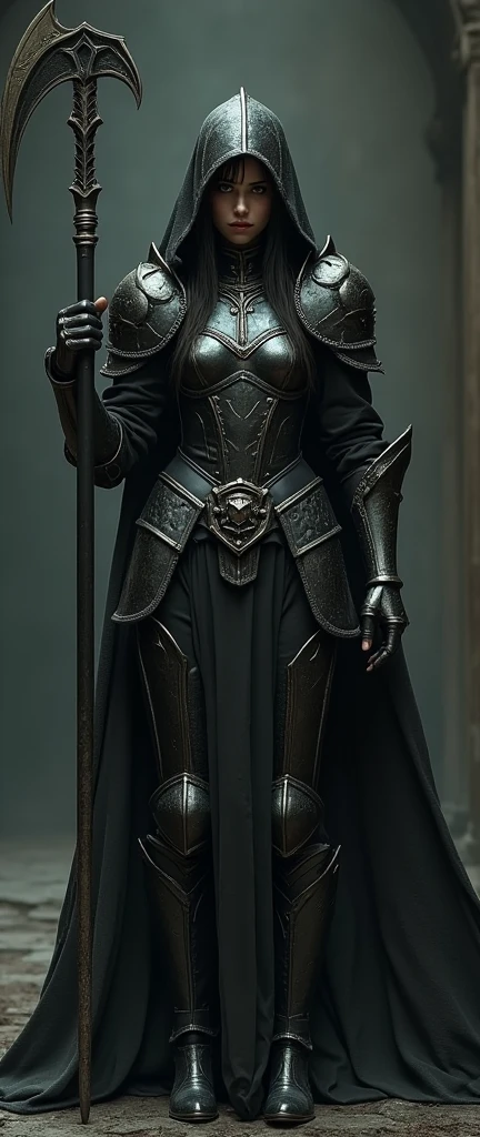 a female warrior in slim medieval armor, massive edgy ???????? halberd, aggressive assertive brave tall badass posture, grunge gritty edgy dirty medieval style, dark emo goth reaper atmosphere, (best quality,4k,8k,highres,masterpiece:1.2),ultra-detailed,(realistic,photorealistic,photo-realistic:1.37),dark muted colors,dramatic chiaroscuro lighting,dramatic angle,detailed face and eyes,detailed armor textures