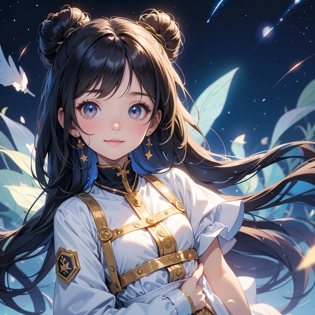 A chibi  girl had a small and wearing a white little tourist priest’s outfit, a pair of big round eyes shone with curiosity about him. This child was te, her hair is black with buns on her hair. Small chibi , chibi baby, smiling ,bi. 

Background is a dark night, with moonlight and millions of stars, twinkling everywhere, with blue light