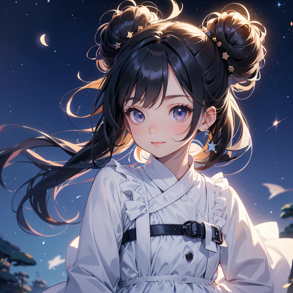 A chibi child girl had a small face and wearing a white little tourist priest’s outfit, a pair of big round eyes shone with curiosity about him. This child was so cute, her hair is black with buns on her hair. Small chibi , chibi baby, smiling , chibi.
Background is a dark night, with moonlight and millions of stars, twinkling everywhere, with blue light