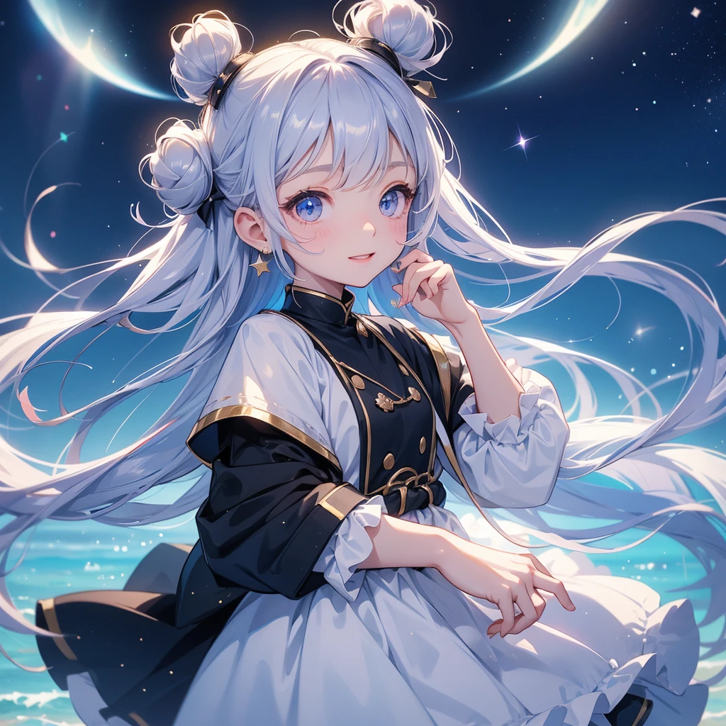 A chibi child girl had a small face and wearing a white little tourist priest’s outfit, a pair of big round eyes shone with curiosity about him. This child was so cute, her hair is black with buns on her hair. Small chibi , chibi baby, smiling , chibi.
Background is a dark night, with moonlight and millions of stars, twinkling everywhere, with blue light