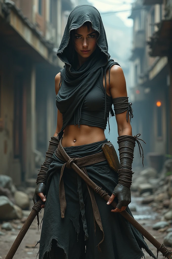 topless, gloves, serious face, black cargo pants, combat knife, desert scarf, scarf covering mouth, desert oasis, extremely detailed eyes, extremely detailed face, best quality, extremely detailed, ultra-detailed, (realistic, photo-realistic:1.3)