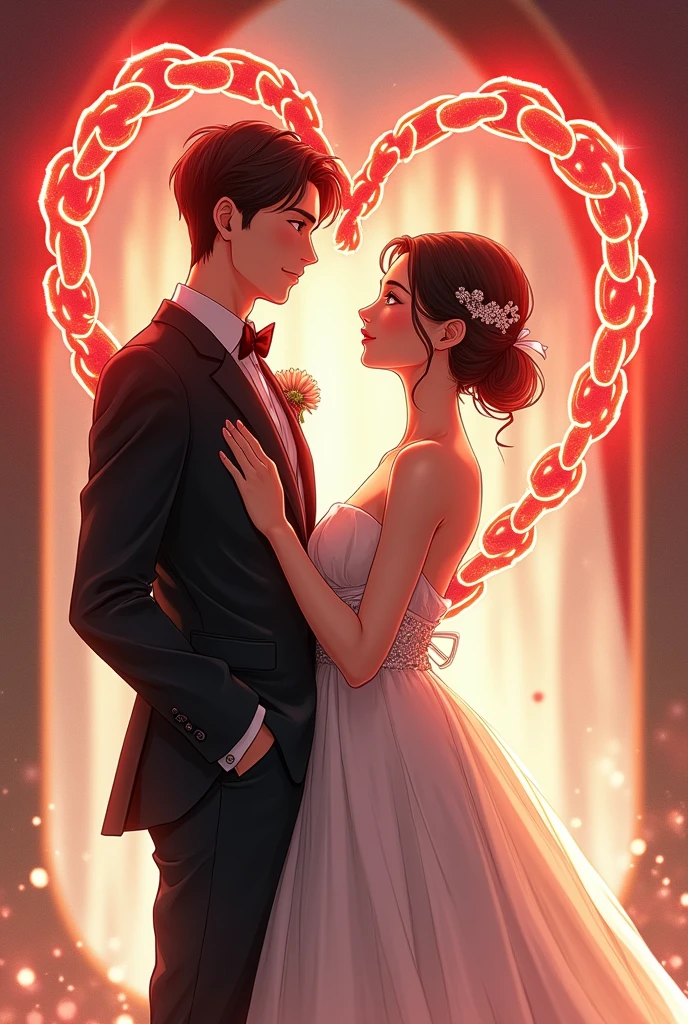 watercolor anime comic art, Julie Bell, art of a groom in his wedding day  and his bride, a beautiful, sexy bride, with chains, the chain forms the shape of red glowing heart, cinematic light, High Detail, Ultra High Quality, High Resolution, 16K Resolution, Ultra HD Pictures, 3D rendering Ultra Realistic, Clear Details, Realistic Detail, Ultra High Definition, 