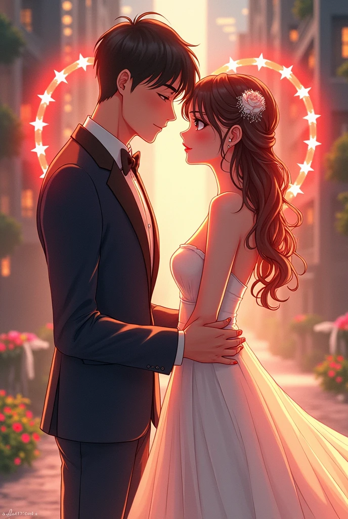 watercolor anime comic art, Julie Bell, art of a groom in his wedding day and his bride, a beautiful, sexy bride, with chains, the chain forms the shape of red glowing heart, cinematic light, High Detail, Ultra High Quality, High Resolution, 16K Resolution, Ultra HD Pictures, 3D rendering Ultra Realistic, Clear Details, Realistic Detail, Ultra High Definition,