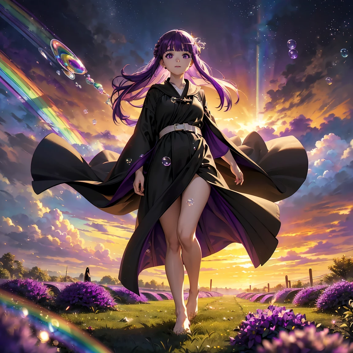 fern, long hair, bangs, (purple eyes:1.1), (((purple hair:1.5))), sidelocks, blunt bangs, (bright pupils:1.5), half updo, long sleeves, dress, white dress, long dress, robe,((( black robe:1.5))),--(((Fairy and  women walking on a carpet of rainbow-colored soap bubbles, 1.3))), (16k, 8K, Raw, highest quality, masterpiece 1.2), Ultra HD, high resolution, high quality, best quality, (((full body image 1.3))), (((unreal space 1.3))), best quality, ultra high definition, incredibly absurd, highly detailed, 2.5D, beautiful goddess, (((pastel clouds 1.3))),, sunlight, pop art, (((delicate dynamic effect combining the taste of oil painting and watercolor 1.3))), (((rainbow fantasy 1.3))),girl 1 Person,  perfect anatomy, perfect proportions, nice lighting, bright colors, clean lines, information, blurred, stunning facial expression, restless emotions, gorgeous and cute, beautiful face and eyes in every detail, (masterpiece) beautiful face, young and handsome girl, really perfect skin, blurred, stunning facial expression, restless emotions, gorgeous and cute, beautiful face and eyes in every detail, (Audrey Hepburn), (cute), (J-POP idol), (thighs, (depth of field), (depth of field), soft light, shining lens gaze, (droopy eyes), straight teeth, shy smile, fluttering hair, a scene from Blake's movie,
