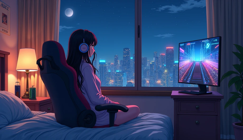 night、Energy Drinks、Sit in a gaming chair、Private room、A high school girl playing a rhythm game on a PC、cute、long hair、 Loungewear、Using headphones,、looks fun、City view outside the window、2D-style animation, Lo-Fi、Retro、Anime style illustrations