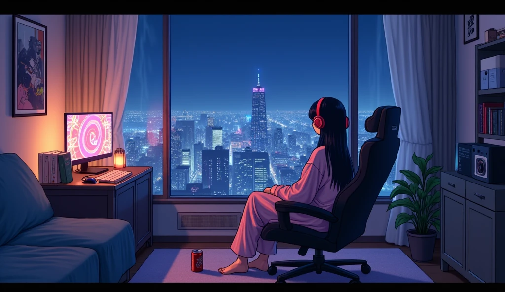 night、Energy Drinks、Sit in a gaming chair、Private room、A high school girl playing a rhythm game on a PC、cute、long hair、 Loungewear、Using headphones,、looks fun、City view outside the window、2D-style animation, Lo-Fi、Retro、Anime style illustrations