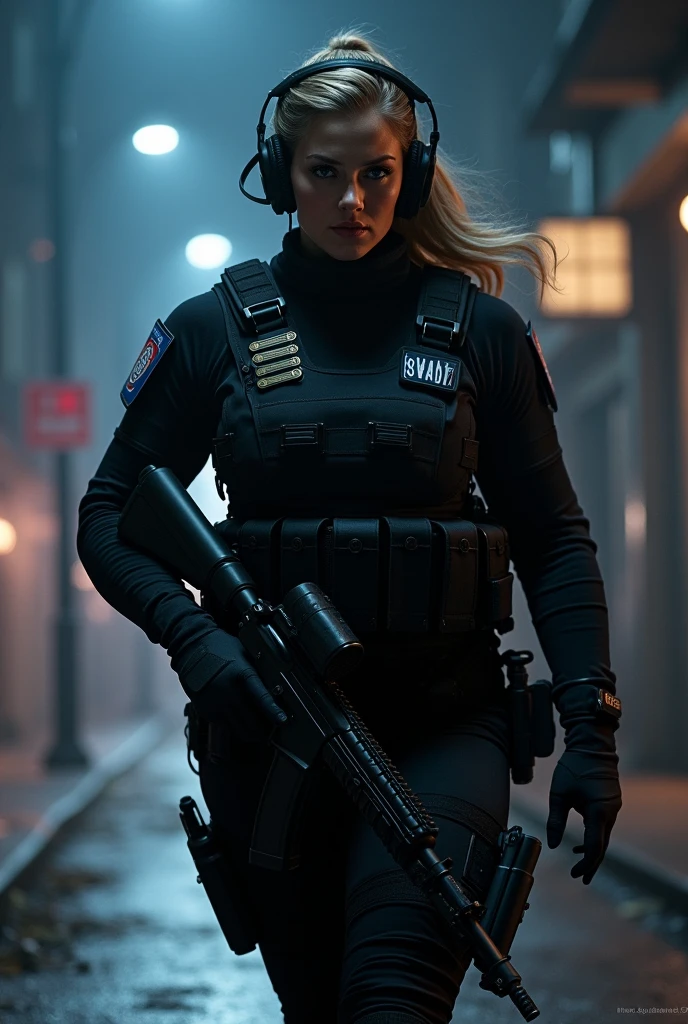 (masterpiece:1.2, highest quality), (Realistic, photoRealistic:1.4),1 female,Mature Woman,5,(A female SWAT officer storms into a crime scene,Dynamic Movement,(Muscular),(Huge breasts),(Thick thighs),(SWAT black combat bodysuit),(black bulletproof vest),(Black Tactical Forster),(headset),(The background is a group of buildings late at night:1.5),(((Background Blur:1.5))),(Serious),Searchlight light