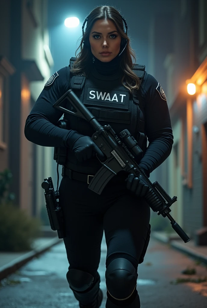 (masterpiece:1.2, highest quality), (Realistic, photoRealistic:1.4),1 female,Mature Woman,5,(A female SWAT officer storms into a crime scene,Dynamic Movement,(Muscular),(Huge breasts),(Thick thighs),(SWAT black combat bodysuit),(black bulletproof vest),(Black Tactical Forster),(headset),(The background is a group of buildings late at night:1.5),(((Background Blur:1.5))),(Serious),Searchlight light