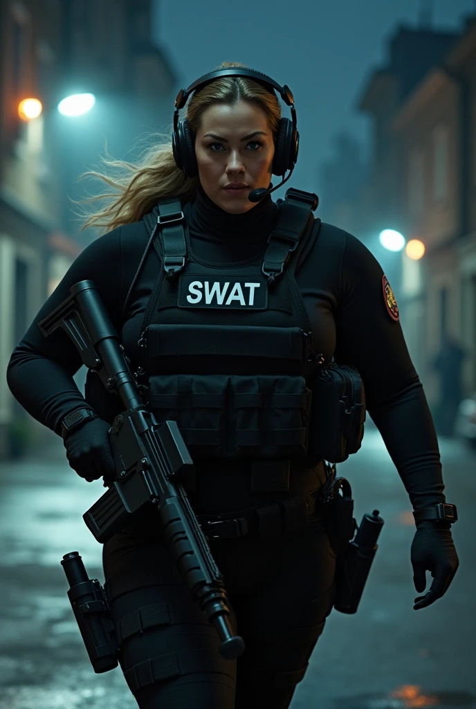 (masterpiece:1.2, highest quality), (Realistic, photoRealistic:1.4),1 female,Mature Woman,5,(A female SWAT officer storms into a crime scene,Dynamic Movement,(Muscular),(Huge breasts),(Thick thighs),(SWAT black combat bodysuit),(black bulletproof vest),(Black Tactical Forster),(headset),(The background is a group of buildings late at night:1.5),(((Background Blur:1.5))),(Serious),Searchlight light