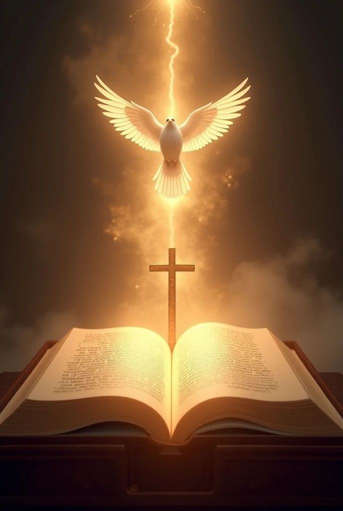 Light coming out of Bible with the cross in the middle and holy spirit on top like a dove