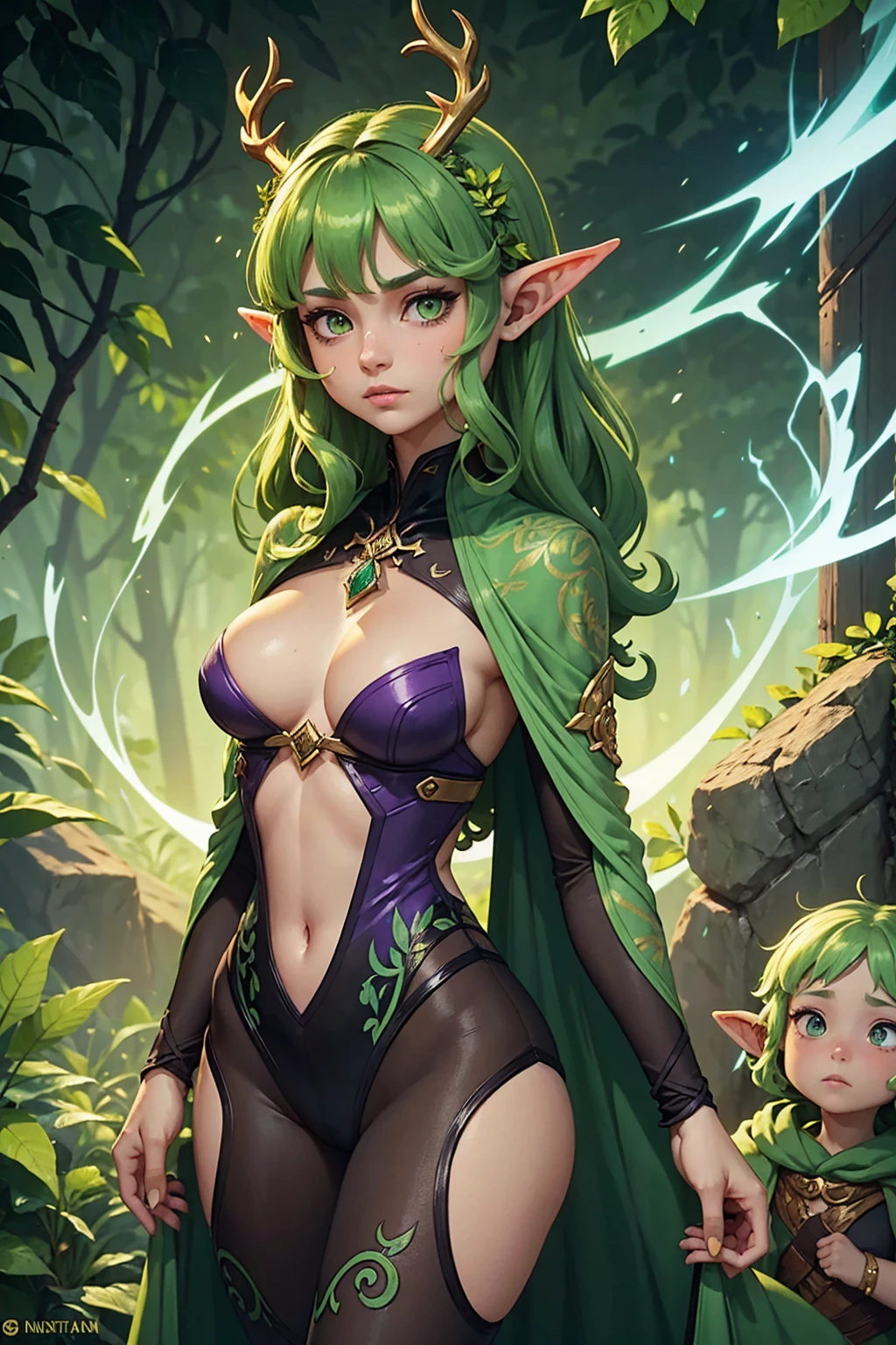 Jungle like environment. A young Plant woman with a deep green skin tone. She short has leaf green curly hair & is wearing a form-fitting bodysuit with a deep neckline, exposing much of her chest area & slightly revealing mythic flowing Black-Purple-Green cloak with Golden Floral designs. She has Serious yet gentle gaze in her heterochrome eyes, with One eye being a deep green and the other being a light gold. She has long crystal blue antlers radiating Floral energy & a set of quaint elven ears. She has a small cute nose She is seen in a battle stance radiating a floral energy
