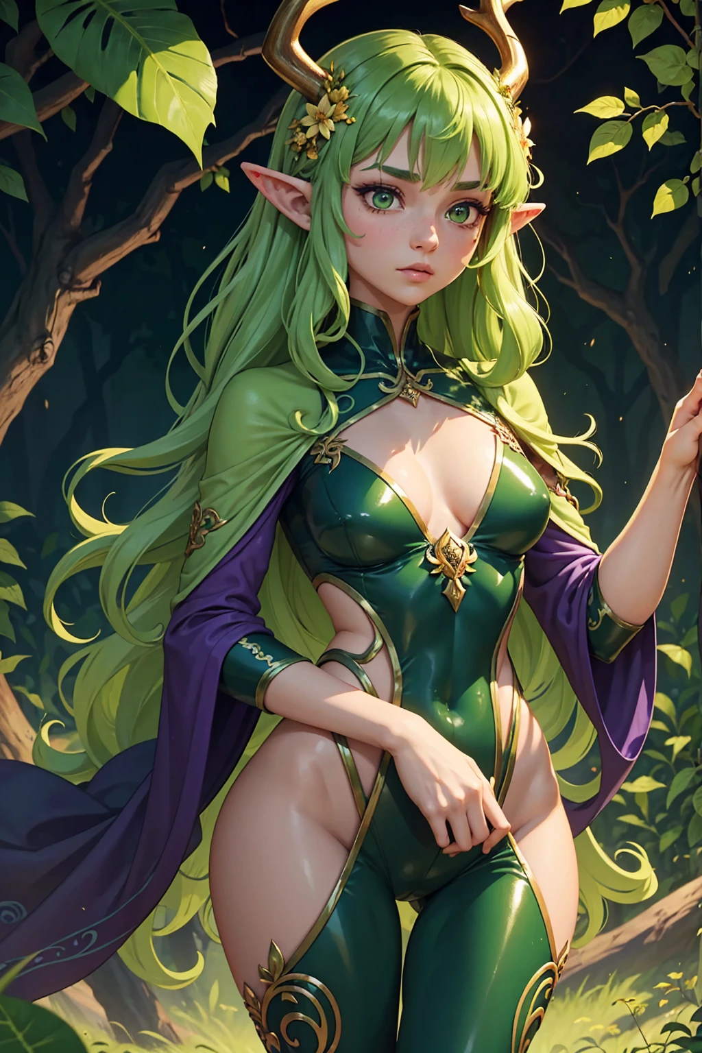 Jungle like environment. A young Plant woman with a deep green skin tone. She short has leaf green curly hair & is wearing a form-fitting bodysuit with a deep neckline, exposing much of her chest area & slightly revealing mythic flowing Black-Purple-Green cloak with Golden Floral designs. She has Serious yet gentle gaze in her heterochrome eyes, with One eye being a deep green and the other being a light gold. She has long crystal blue antlers radiating Floral energy & a set of quaint elven ears. She has a small cute nose She is seen in a battle stance radiating a floral energy